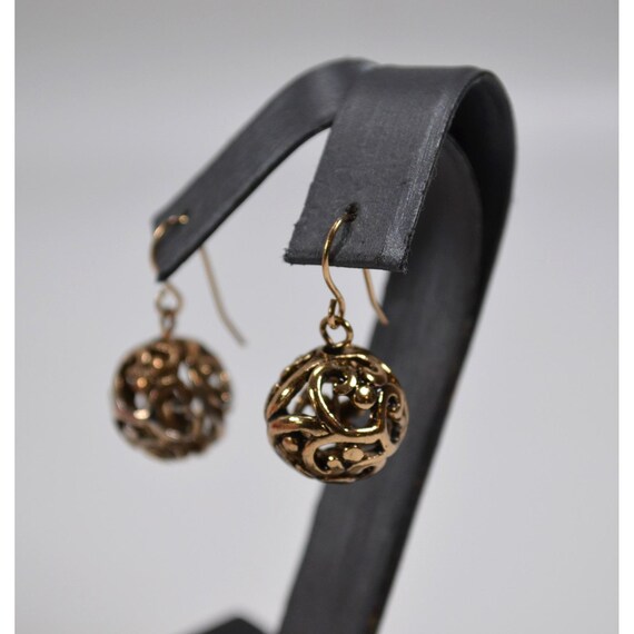 Vintage Gold Tone Hook Pierced Earrings Round Sphere Cutout Design 1" Dangle View 3