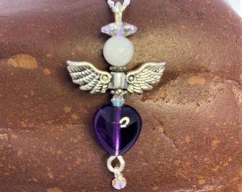 Amethyst heart angel pendant necklace -Moonstone head, Austrian crystals, dangling sparkly clear crystal, .925 Sterling silver 18" chain