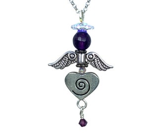 Amethyst and silver heart angel necklace with sparkly Austrian crystals, Sterling silver chain, infinity swirl, Love gift for adult or child