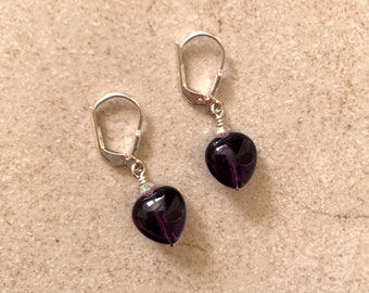 Amethyst and Sterling silver dangling heart earrings with sparkly clear Austrian crystals, Secure lever back ear wires, Love gift for her