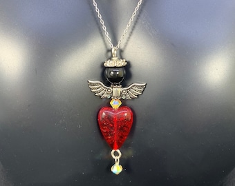 Red heart angel pendant necklace with black onyx head, Clear sparkly Austrian crystals, Italian Sterling silver chain, Elegant love gift