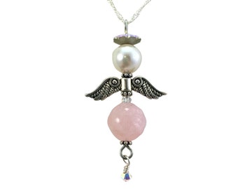 Rose Quartz pink angel pendant necklace with Austrian crystals and pearl on solid Sterling silver chain, Dangling sparkly crystal, Love gift