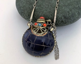 Bottle necklace with hidden spoon on antiqued silver chain, Blue container pendant holds sand/ash/stones/herbs, Vessel hand made in Nepal