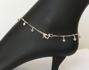 Sterling silver ankle bracelet with sparkly Austrian crystals, Secure heart clasp, Anklet with dangling crystals, Wedding/bridal accessory