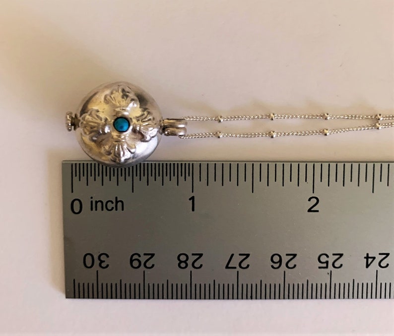 Petite Sterling silver locket hand made in Nepal on Sterling silver chain with lobster clasp, tiny blue stone, lightweight pendant necklace image 8