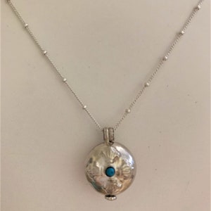 Petite Sterling silver locket hand made in Nepal on Sterling silver chain with lobster clasp, tiny blue stone, lightweight pendant necklace image 10