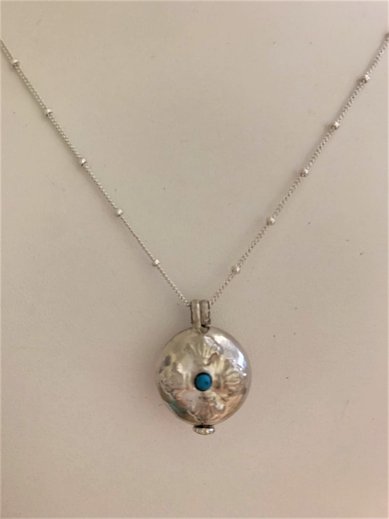 Petite Sterling silver locket hand made in Nepal on Sterling silver chain with lobster clasp, tiny blue stone, lightweight pendant necklace image 10