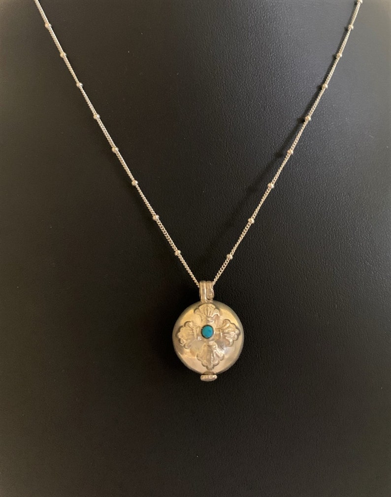 Petite Sterling silver locket hand made in Nepal on Sterling silver chain with lobster clasp, tiny blue stone, lightweight pendant necklace image 3