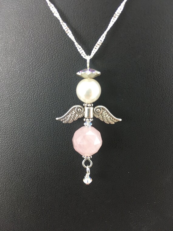 Rose Quartz Angel Pendant Necklace Pink 
