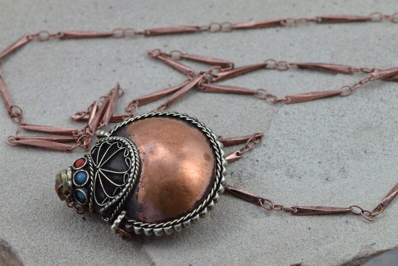 Holds sandashesoilsherbs Snuff necklace Antiqued copper finished snuff bottlecontainerjarvial necklace Spoon Antiqued copper chain