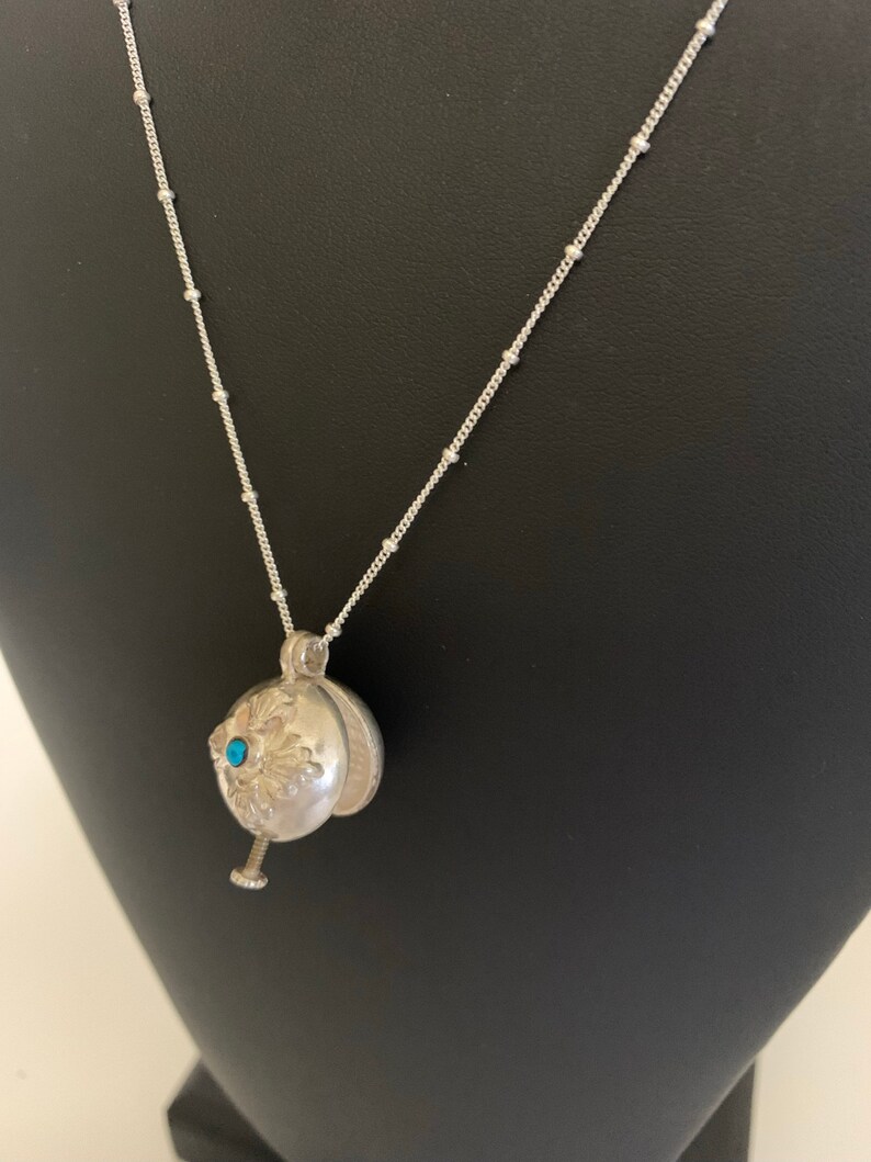 Petite Sterling silver locket hand made in Nepal on Sterling silver chain with lobster clasp, tiny blue stone, lightweight pendant necklace image 4