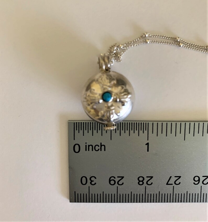 Petite Sterling silver locket hand made in Nepal on Sterling silver chain with lobster clasp, tiny blue stone, lightweight pendant necklace image 9