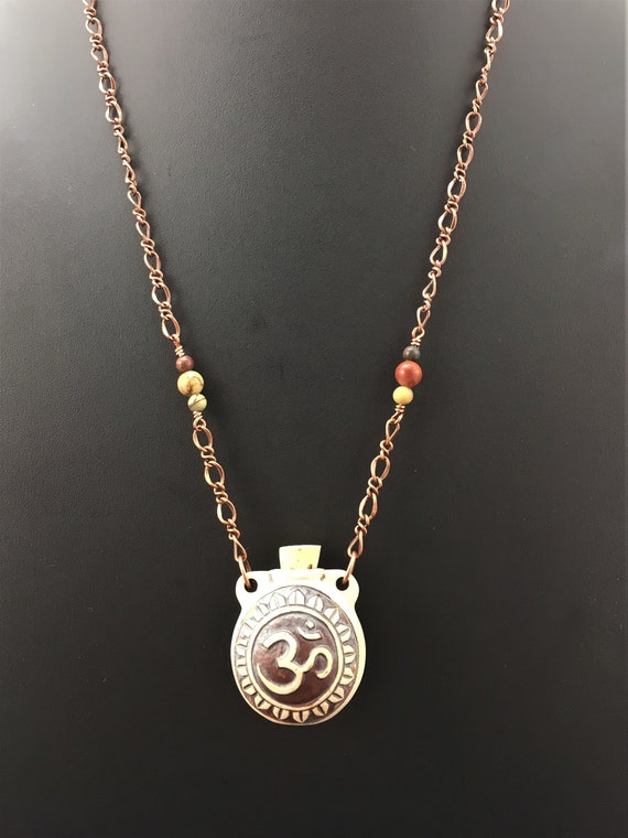 OM Ceramic Bottle Pendant Necklace, Jasper Stones, Antiqued Copper