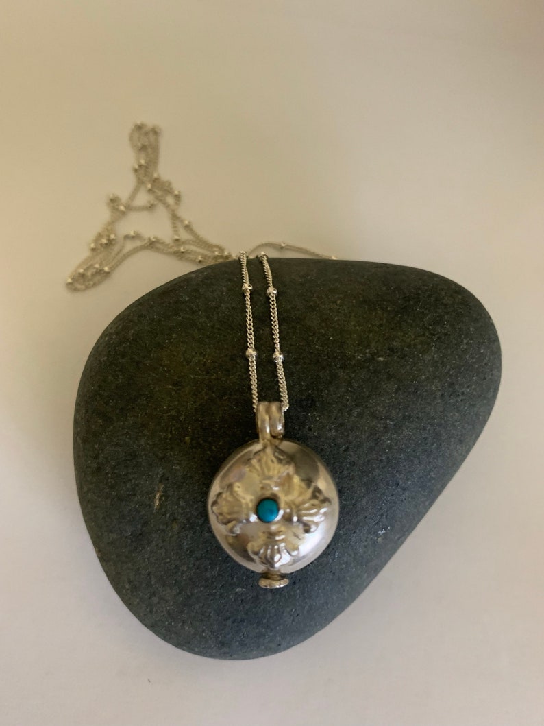 Petite Sterling silver locket hand made in Nepal on Sterling silver chain with lobster clasp, tiny blue stone, lightweight pendant necklace image 7