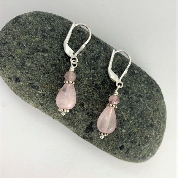 Rose Quartz and Sterling silver drop earrings, Pastel pink dangling healing gemstone jewelry, Secure lever back ear wires, Elegant bling