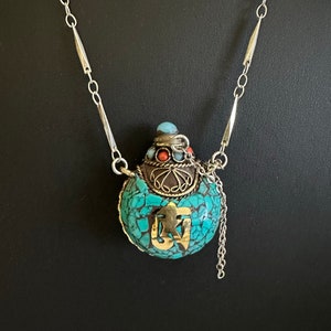 Turquoise stone mosaic metal bottle necklace, Attached hidden spoon on chain, choice of lengths, container made in Nepal, unique present
