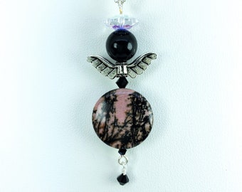 Black angel pendant necklace with black and pink rhodonite gemstone, Austrian crystals and pearl, Sterling silver chain, dangling crystal
