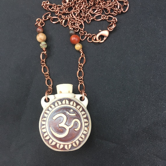 OM Ceramic Bottle Pendant Necklace, Jasper Stones, Antiqued Copper
