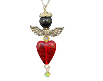 Red heart and black onyx angel pendant necklace with clear sparkly Austrian crystals, Italian Sterling silver chain, Mother's Day Gift