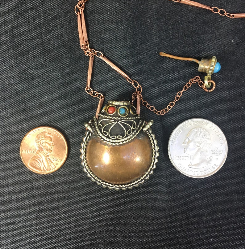 Holds sandashesoilsherbs Snuff necklace Antiqued copper finished snuff bottlecontainerjarvial necklace Spoon Antiqued copper chain