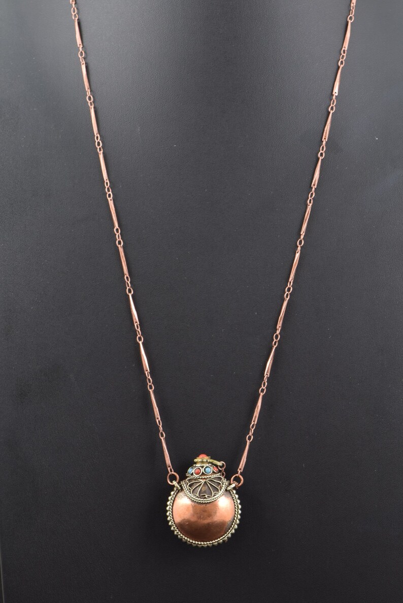 Holds sandashesoilsherbs Snuff necklace Antiqued copper finished snuff bottlecontainerjarvial necklace Spoon Antiqued copper chain