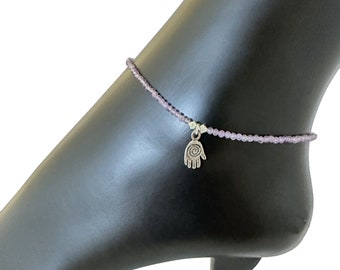 Amethyst gemstone anklet with Turkish silver Hamsa/ Hand of Fatima and heart-shaped 925 Sterling silver clasp & beads, Faceted purple stones