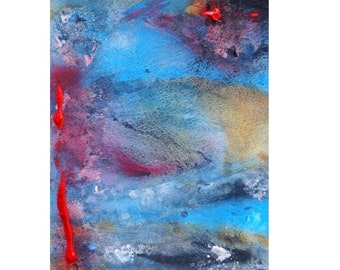 Matted Contemporary Blue Abstract Watercolor, Contemporary Watercolor Painting, Blue Red Black Decor, Blue Wall Art