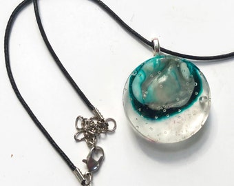 Round Blue Green Resin Pendant on Cord, Alcohol Ink Circle Necklace, Unisex Necklace, Handmade Artisan Jewelry, Alcohol Ink Epoxy Pendant