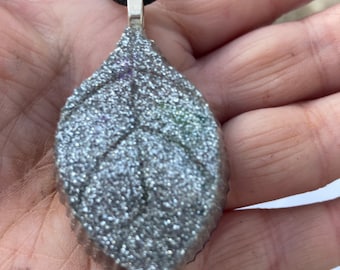 Silver Leaf Pendant on Cord, Glitter Resin Leaf Necklace, Unisex Necklace, Handmade Artisan Jewelry, Sparky Leaf Jewelry