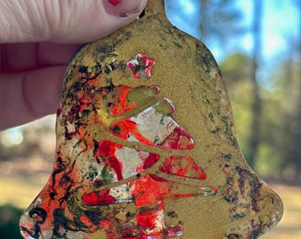 Gold Handmade Ornament, Tree Ornament, Red Green Resin Ink , Alcohol Ink Holiday Decor, Artisanal Christmas Gift, Resin Christmas