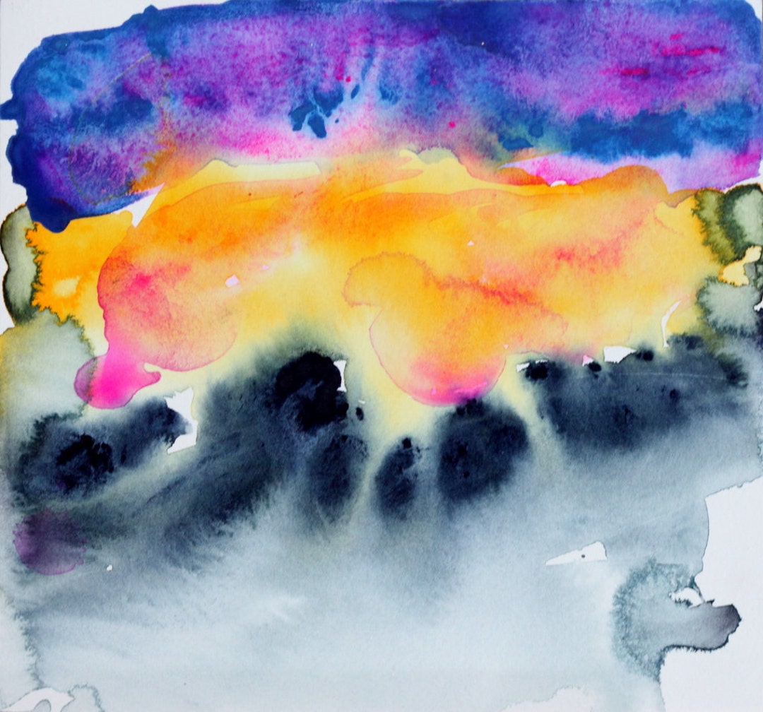 Mountain Watercolor Painting, Abstract Landscape Art, Matted Square