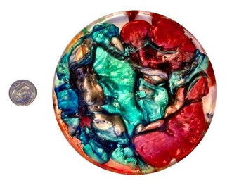 Squidgy Red Art Decor, Resin Alcohol Ink Disc, Art for Bookshelf, Colorful Desktop Items