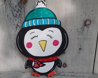 Penguin door hanger, christmas door hanger, penguin sign, penguin door sign, christmas sign, welcome friends sign, Santa sign, snowman sign