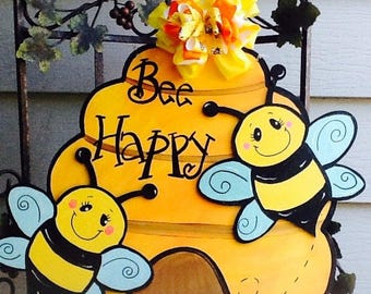 Bee door sign, bumble bee door sign, beehive door sign, bee door hanger, bee happy sign, bumble bee door hanger, beehive door hanger