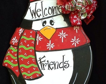 Penguin door hanger, christmas door hanger, penguin sign, penguin door sign, christmas sign, welcome friends sign, Santa sign, snowman sign