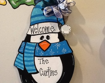 Penguin door hanger, christmas door hanger, penguin sign, penguin door sign, christmas sign, welcome friends sign, Santa sign, snowman sign
