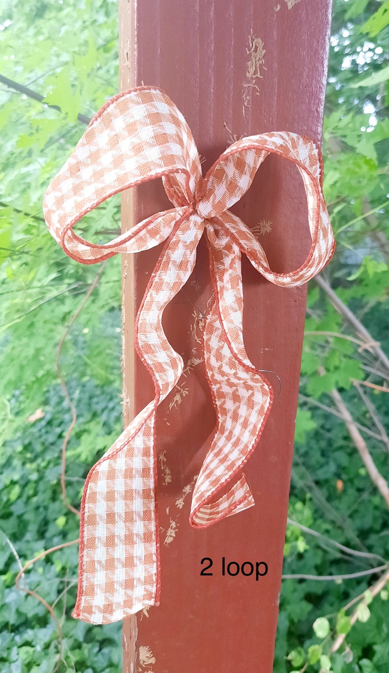 May include: A decorative bow made of orange and white gingham ribbon with wired edges. The bow features two loops and two long, trailing tails. The text "2 loop" is printed in black on the surface behind the ribbon, indicating the style.