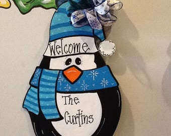 Penguin door hanger, christmas door hanger, penguin sign, penguin door sign, christmas sign, welcome friends sign, Santa sign, snowman sign