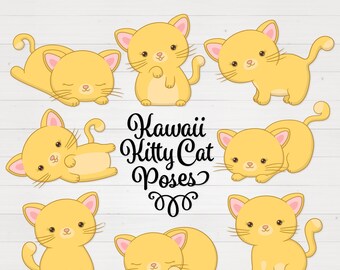 Professional Cute Cat Clipart in Yellow - PNG & EPS Vector Formats - Includes 32 Cute Kitten Digital Art Pose Variations