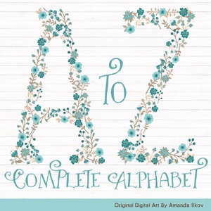 Professional Floral Alphabet Clipart & Vectors - Vintage Blue Floral Monogram, Floral Alphabet Clip Art, Floral Letters, Wedding Clipart