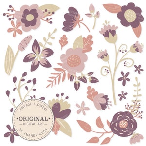 Premium Purple Floral Clipart & Flower Vectors - Purple Flowers, Vintage Flowers, Flower Clip Art, Vector Flowers