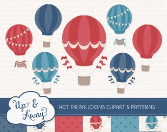 Americana Hot Air Balloons Clipart with Digital Papers - red and blue hot air balloons clipart, hot air balloons vectors