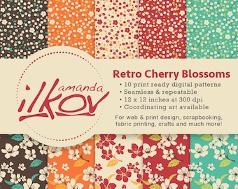 Retro Cherry Blossoms Seamless Digital Scrapbook Papers for Scrapbooking, Crafting and More - by Amanda Ilkov