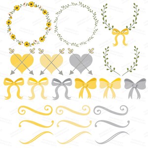 May include: A set of digital clipart graphics featuring yellow and gray floral wreaths, hearts with arrows, bows, and swirls. The graphics are perfect for adding a touch of whimsy to your digital projects.