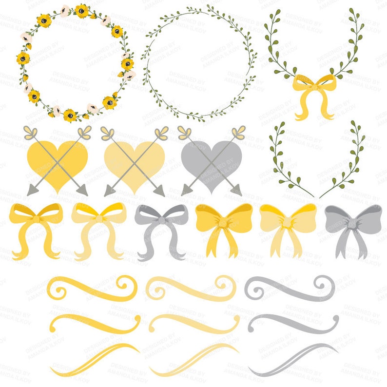 May include: A set of digital clipart graphics featuring yellow and gray floral wreaths, hearts with arrows, bows, and swirls. The graphics are perfect for adding a touch of whimsy to your digital projects.