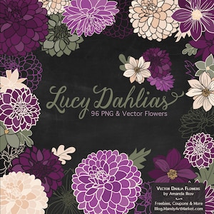 May include: A digital illustration of a collection of purple, white, and green dahlia flowers. The flowers are arranged in a circular pattern around the text "Lucy Dahlias 96 PNG & Vector Flowers".