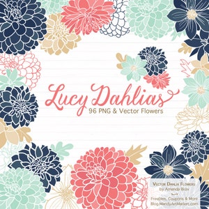 May include: A digital illustration of 96 pink, blue, and green dahlia flowers. The flowers are arranged in a circular pattern around the text "Lucy Dahlias 96 PNG & Vector Flowers".
