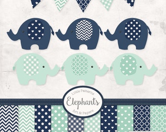 Premium Elephant Clipart, Vectors & Digital Papers in Navy and Mint - Mint and Navy Elephant Clip Art, Elephant Vectors, Baby Elephants