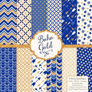 May include: Twelve digital papers in a blue and gold color scheme. The papers feature various patterns including chevron, polka dots, arrows, and geometric designs. The text "Boho Gold" is displayed in a gold script font.