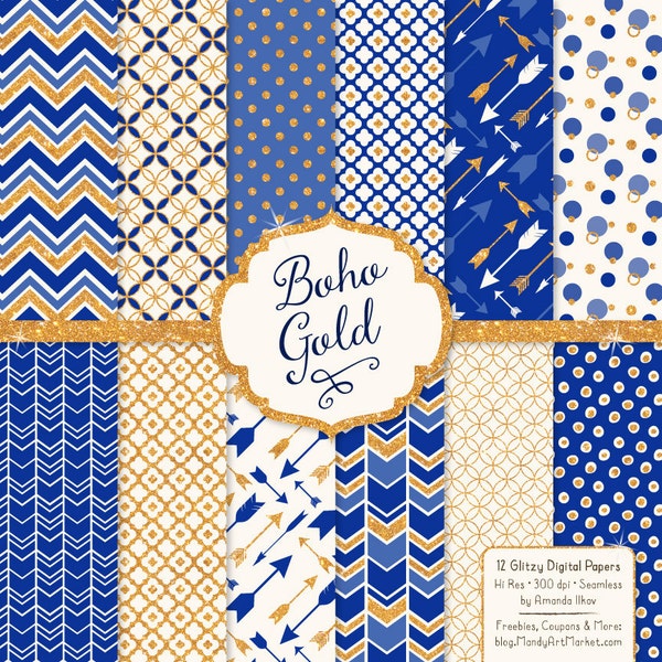 Premium Boho Gold Glitter Digital Paper in Royal Blue - Gold Digital Paper, Glitter Patterns, Bohemian Digital Paper, Chevrons, Arrows